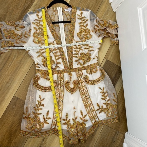 CREAM Nude Illusioned Embroidered Romper - Gold and Rainbow Embroidery - Picture 6 of 12